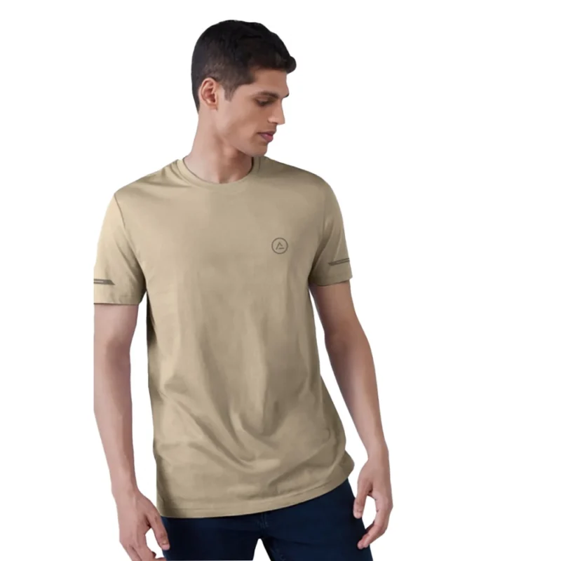 Men's?Casual Half sleeve Solid?Polyester Crew Neck T-shirt (Beige)