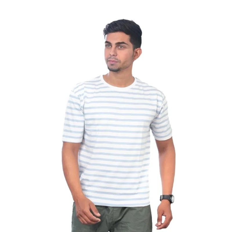 Men's?Casual Half sleeve Stripped Cotton Crew Neck T-shirt (White)