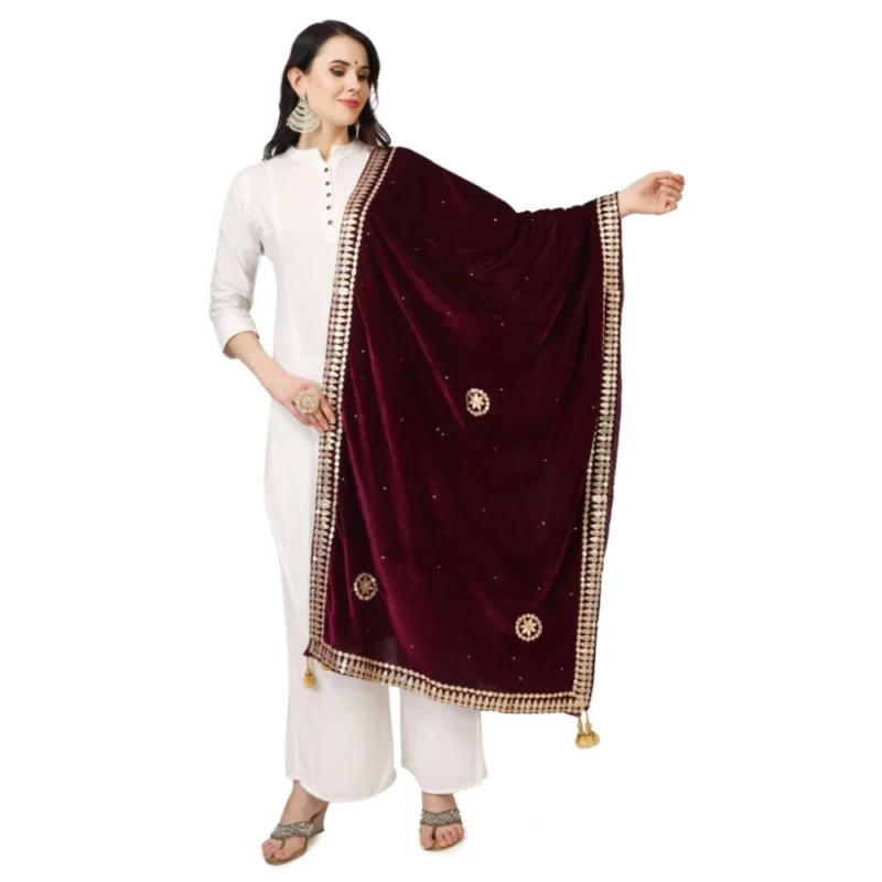 Generic Women's Velvet Gotta Patti Dupatta (Purple, Length: 2.25 to 2.50 Mtr)