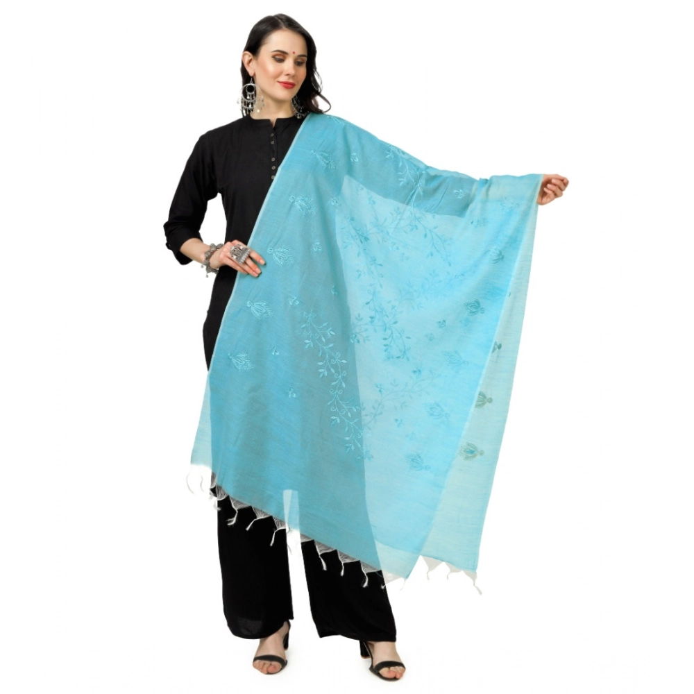 Generic Women's Cotton Embroidered Dupatta (Aqua Blue, Length: 2.25 to 2.50 Mtr)