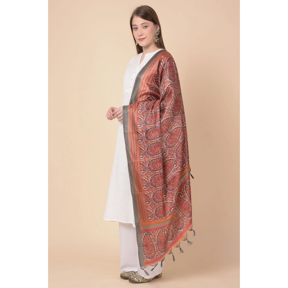 Generic Women's Art Silk Printed Dupatta (Orange, Length: 2.25 to 2.50 Mtr) - Image 2