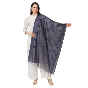 Generic Women's Cotton Embroidered Dupatta (Dark Blue, Length: 2.25 to 2.50 Mtr)