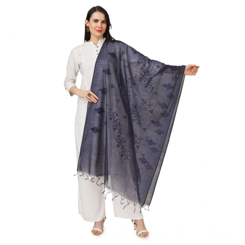Generic Women's Cotton Embroidered Dupatta (Dark Blue, Length: 2.25 to 2.50 Mtr)