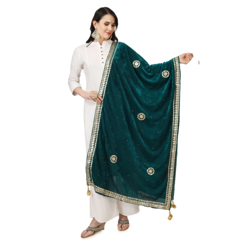 Women's Velvet Gotta Patti Dupatta (Dark Green, Length: 2.25 to 2.50 Mtr)