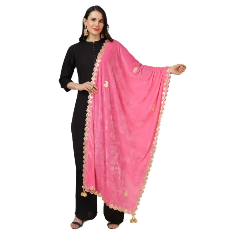 Women's Velvet Gotta Patti Dupatta (Pink, Length: 2.25 to 2.50 Mtr)