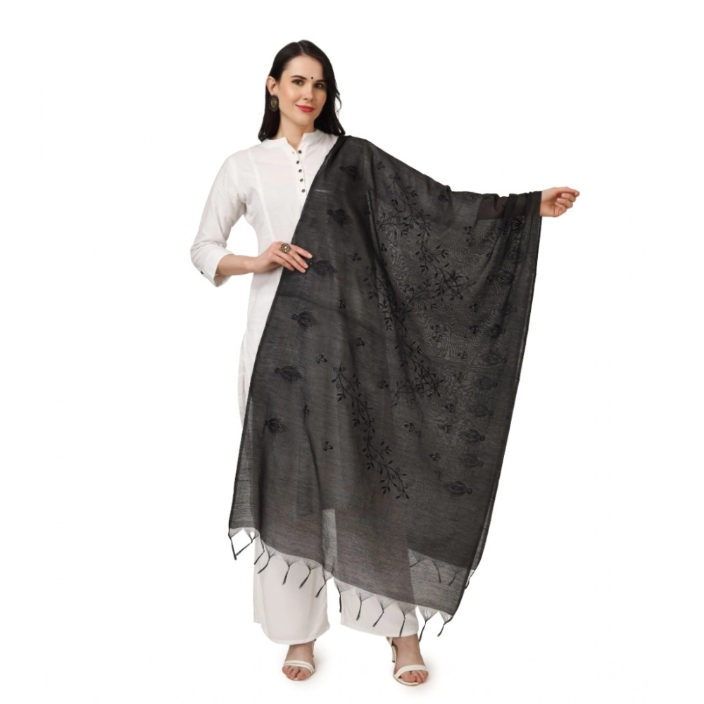 Generic Women's Cotton Embroidered Dupatta (Black, Length: 2.25 to 2.50 Mtr)