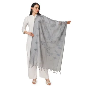 Generic Women's Cotton Embroidered Dupatta (Grey, Length: 2.25 to 2.50 Mtr)