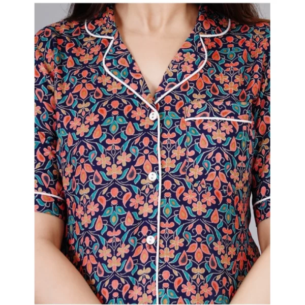 Women's Casual Half Sleeve Printed Viscose Rayon Shirt With Pyjama Pant Night Suit Set (Blue) - Image 2