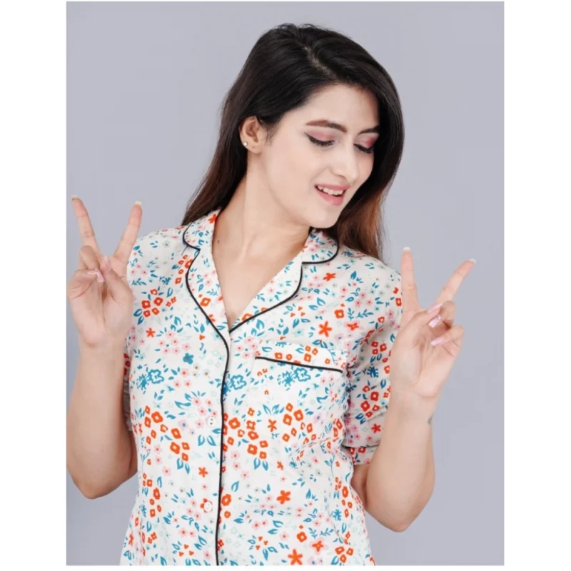 Alternative view of Women's Casual Half Sleeve Printed Viscose Rayon Shirt With Pyjama Pant Night Suit Set (White)