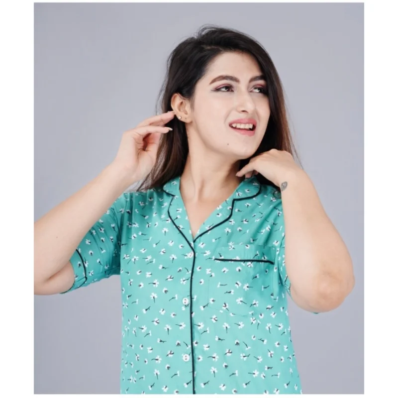 Alternative view of Women's Casual Half Sleeve Printed Viscose Rayon Shirt With Pyjama Pant Night Suit Set (Green)