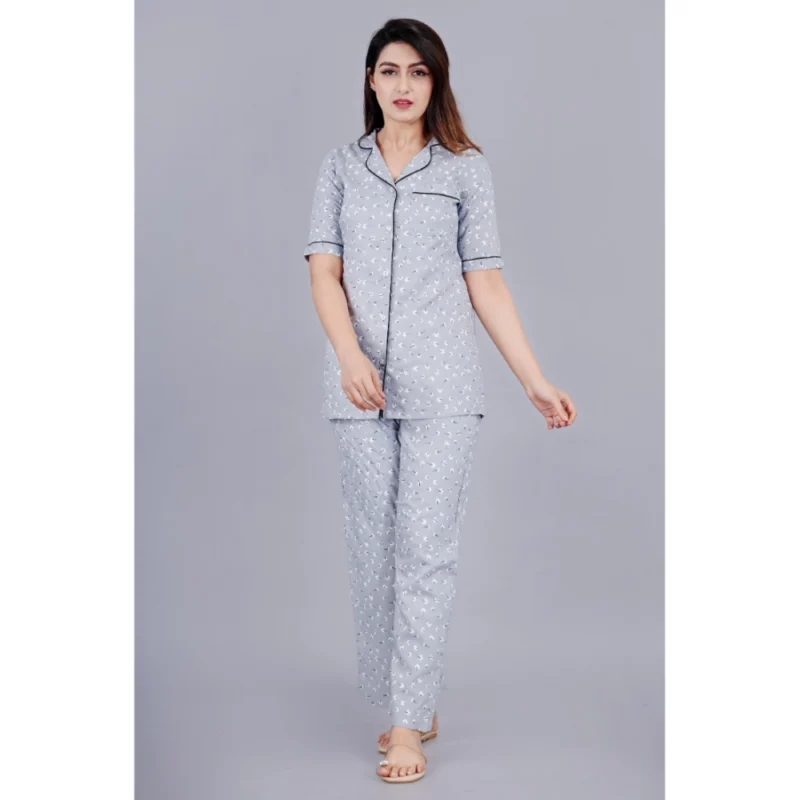 Alternative view of Women's Casual Half Sleeve Printed Viscose Rayon Shirt With Pyjama Pant Night Suit Set (Grey)