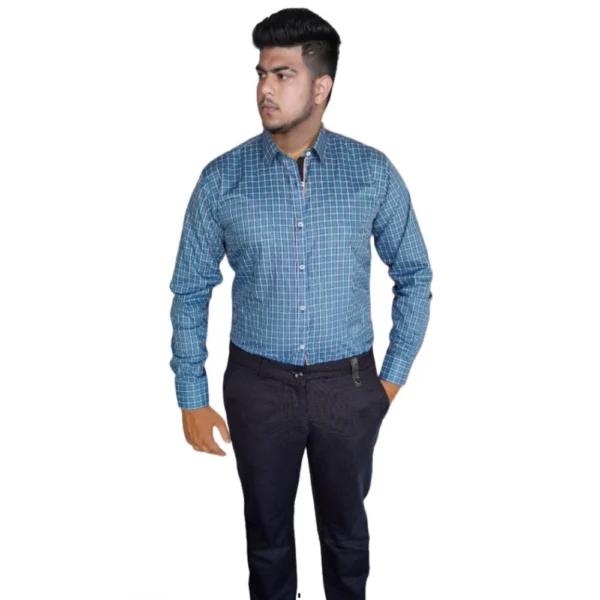 Generic Men's Cotton Lycra Full Sleeve Checked Casual Shirt (Blue) - Image 3