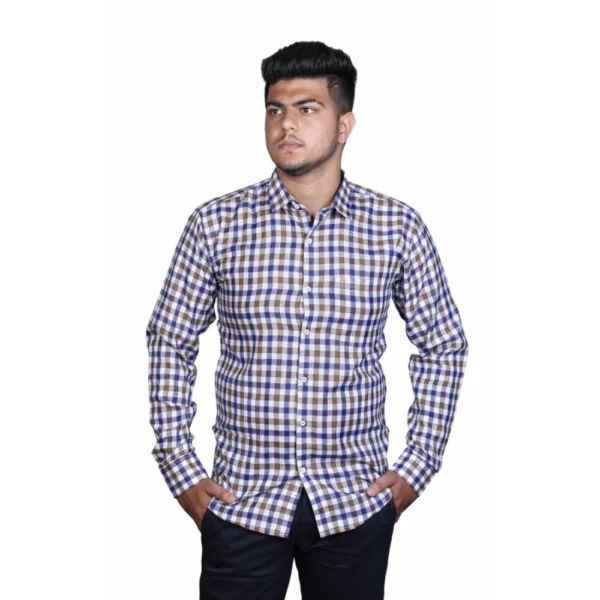 Generic Men's Cotton Lycra Full Sleeve Checked Casual Shirt (Brown Blue) - Image 5