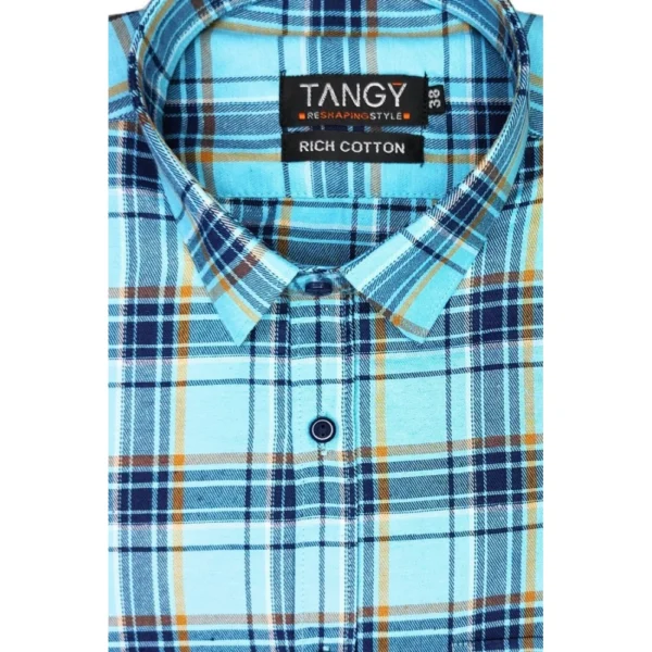 Generic Men's Cotton Lycra Full Sleeve Checked Casual Shirt (Turquoise) - Image 3