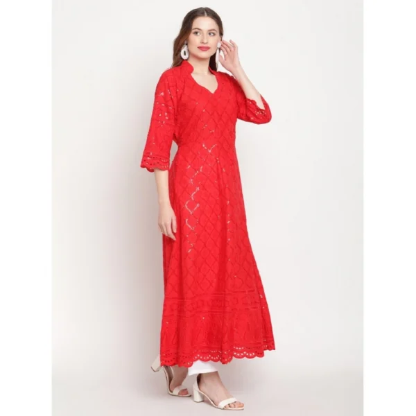 Generic Women's Casual 3/4th Sleeve Embroidered Cotton Kurti (Red) - Image 3