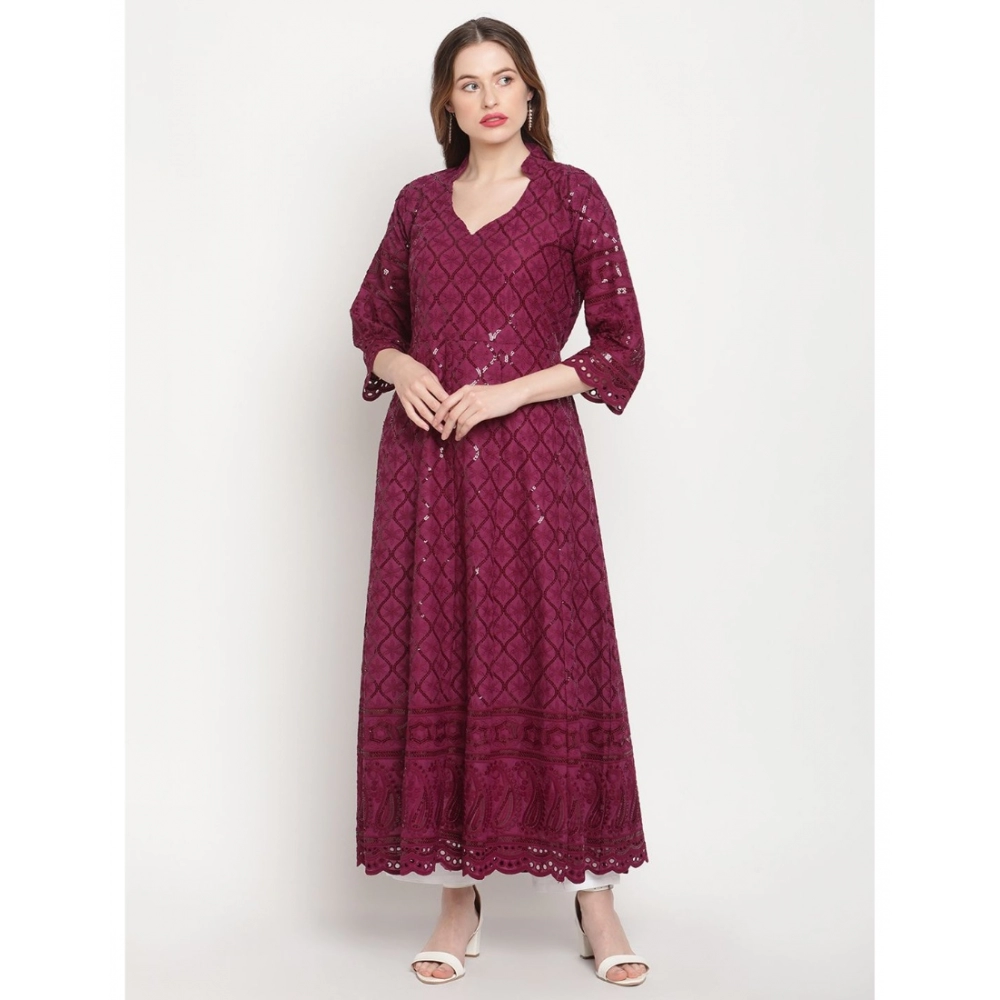 Women's Casual 3/4th Sleeve Embroidered Cotton Kurti (Purple) - Image 4