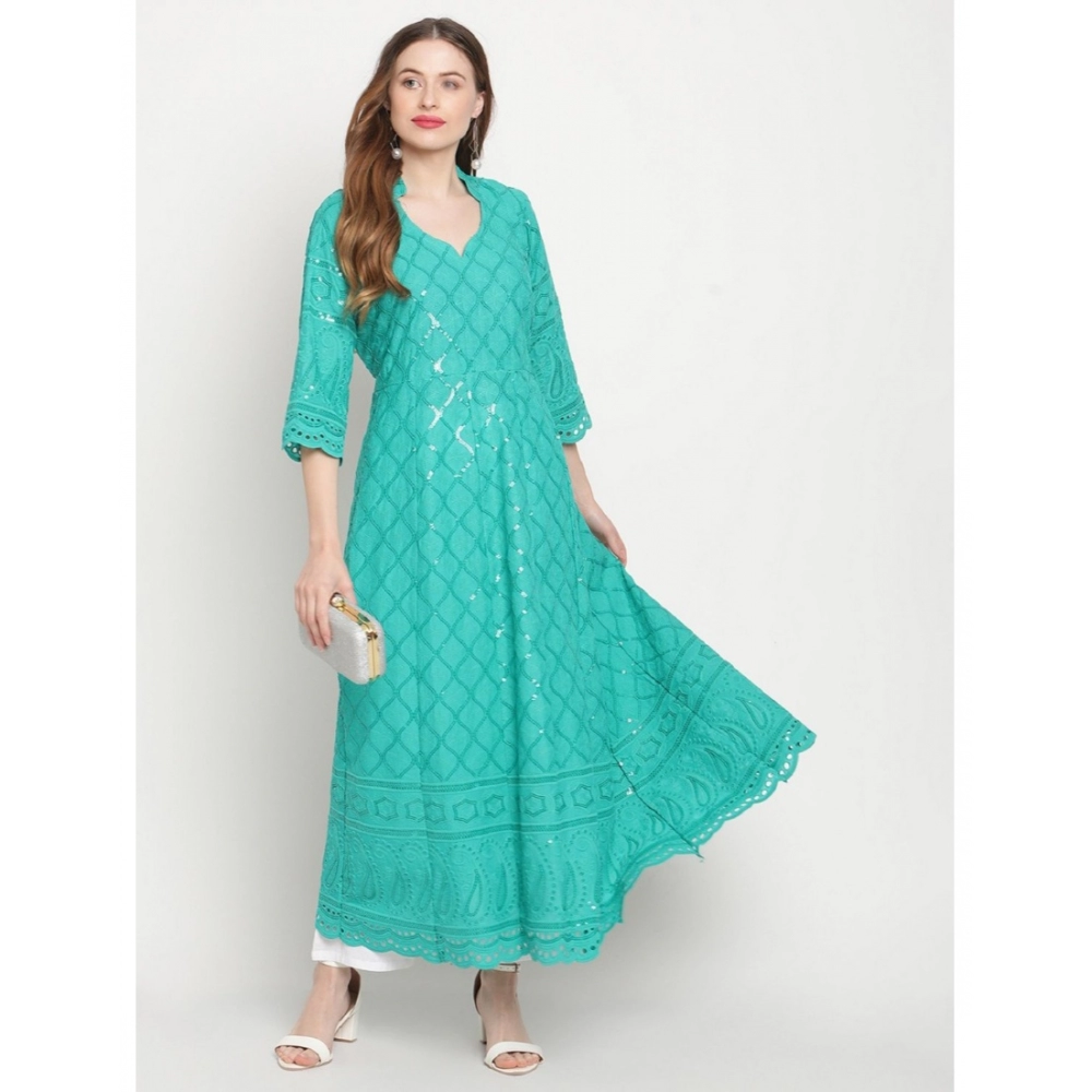 Women's Casual 3/4th Sleeve Embroidered Cotton Kurti (Blue) - Image 2