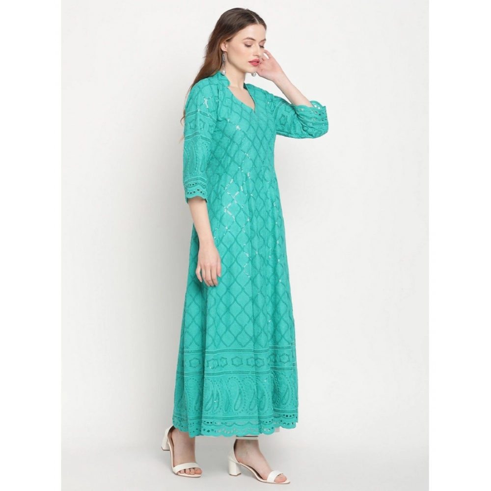 Women's Casual 3/4th Sleeve Embroidered Cotton Kurti (Blue) - Image 3