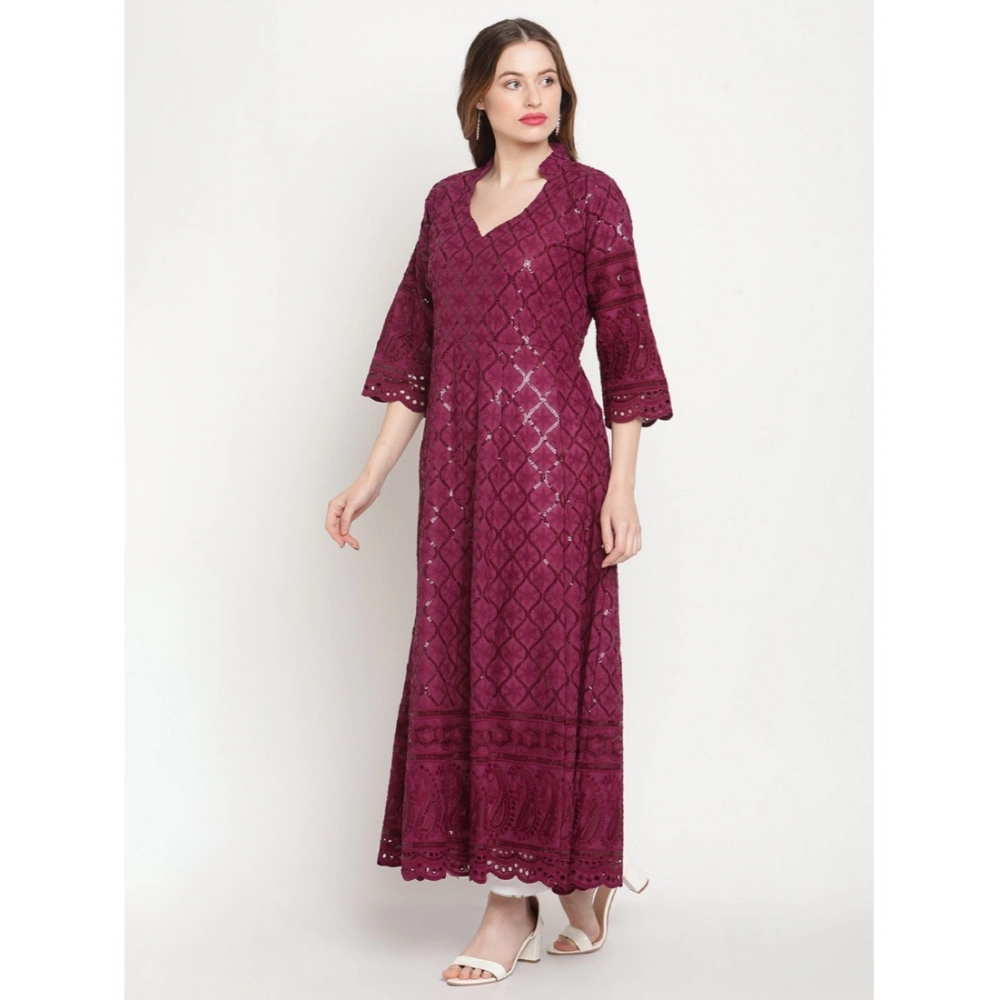Women's Casual 3/4th Sleeve Embroidered Cotton Kurti (Purple) - Image 3