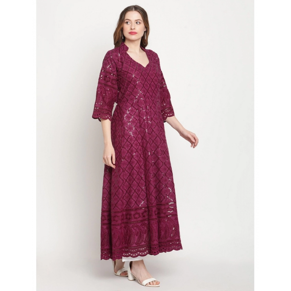 Women's Casual 3/4th Sleeve Embroidered Cotton Kurti (Purple) - Image 2