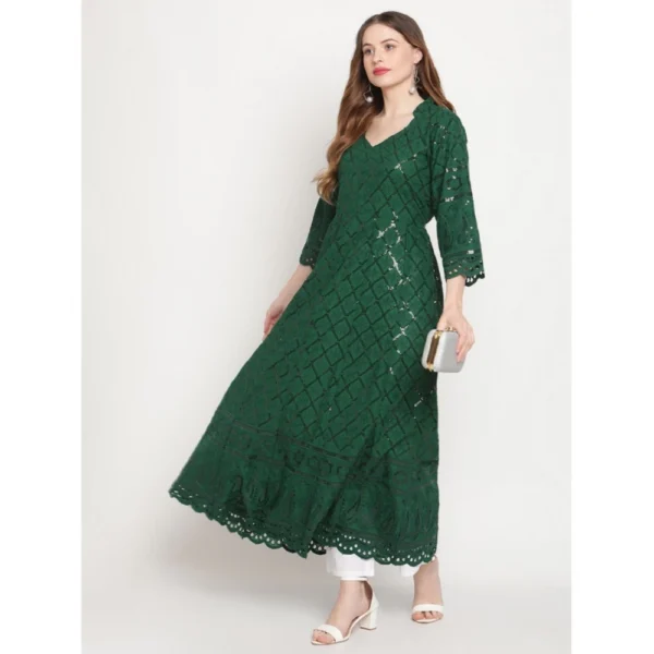 Generic Women's Casual 3/4th Sleeve Embroidered Cotton Kurti (Dark Green) - Image 2