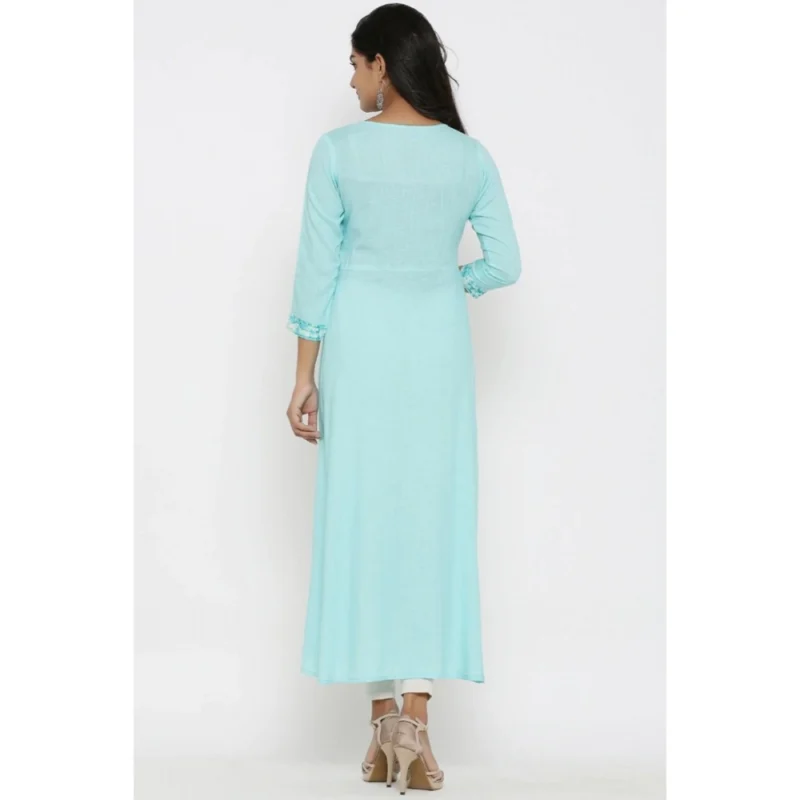 Alternative view of Women's Casual 3/4 th Sleeve Embroidery Rayon Kurti (Sky Blue)