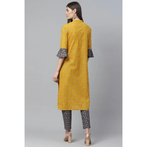Generic Women's Casual Bell Sleeves Geomatrical Printed Cotton Kurti Set (Yellow) - Image 2