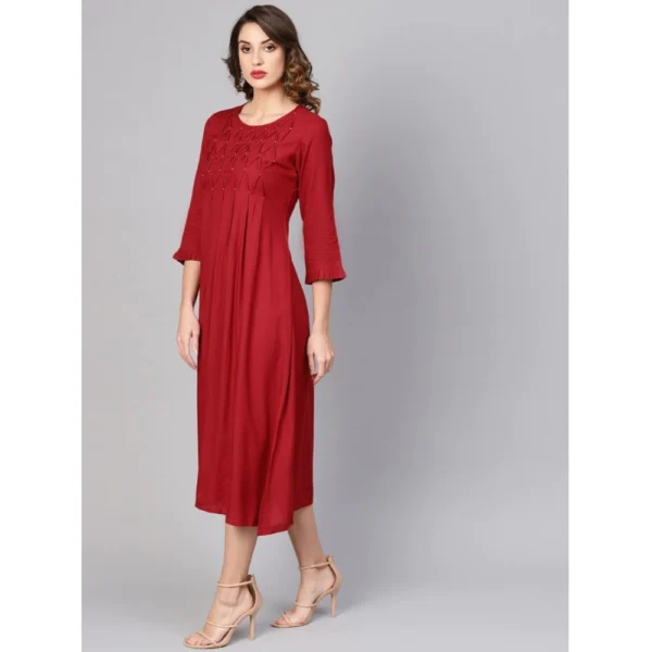 Generic Women's Casual 3/4 th Sleeve Solid Rayon Dobby Dress (Maroon) - Image 3