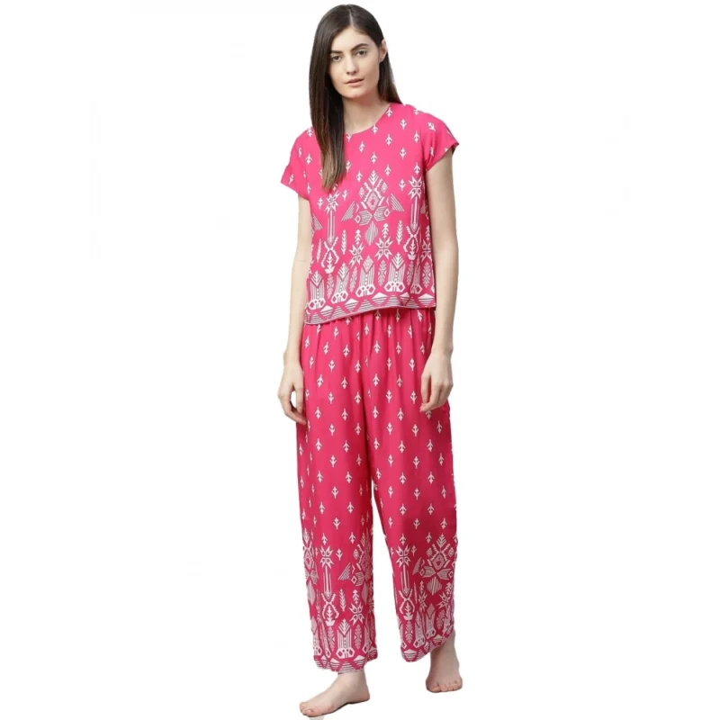 Women's Casual Short Sleeve Printed Rayon Pajama Set (Pink)