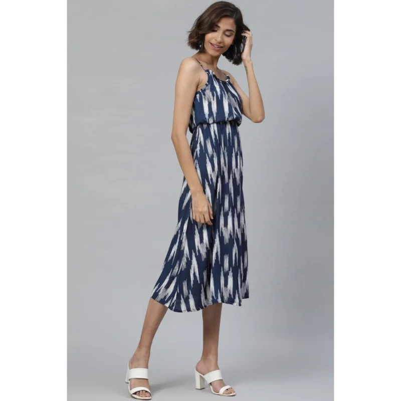 Women's Casual Sleeveless Ikat Print Rayon Dress (Blue) - Image 2