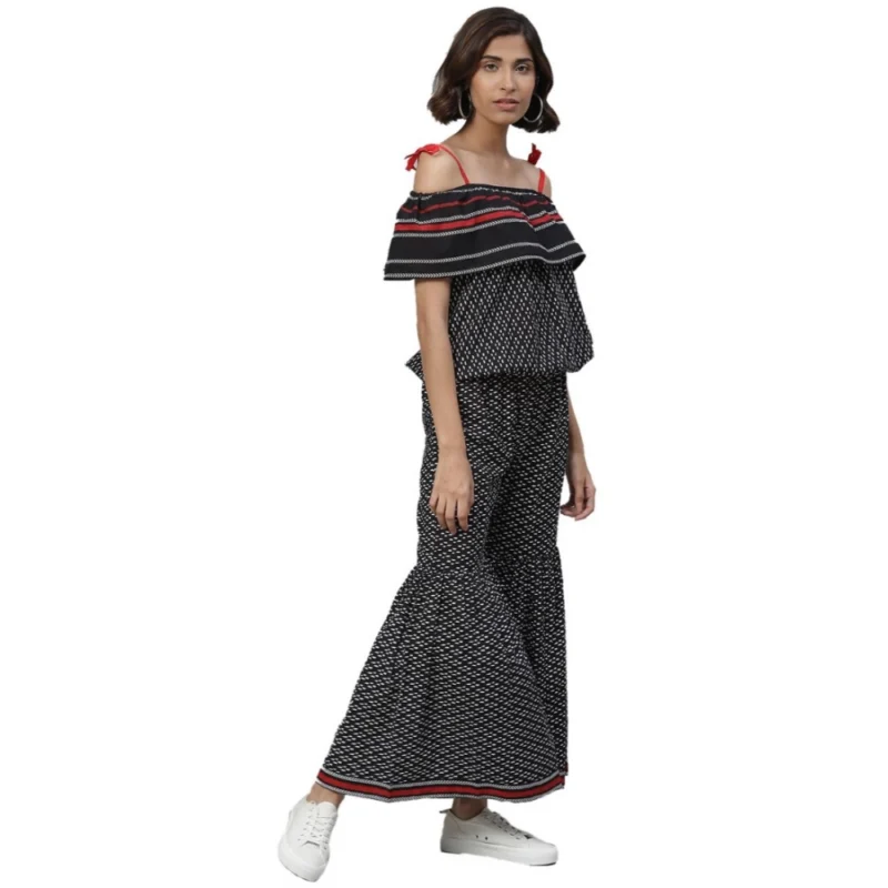 Alternative view of Women's Casual shoulder sleeve Geomatrical Printed Cotton Dress (Black)