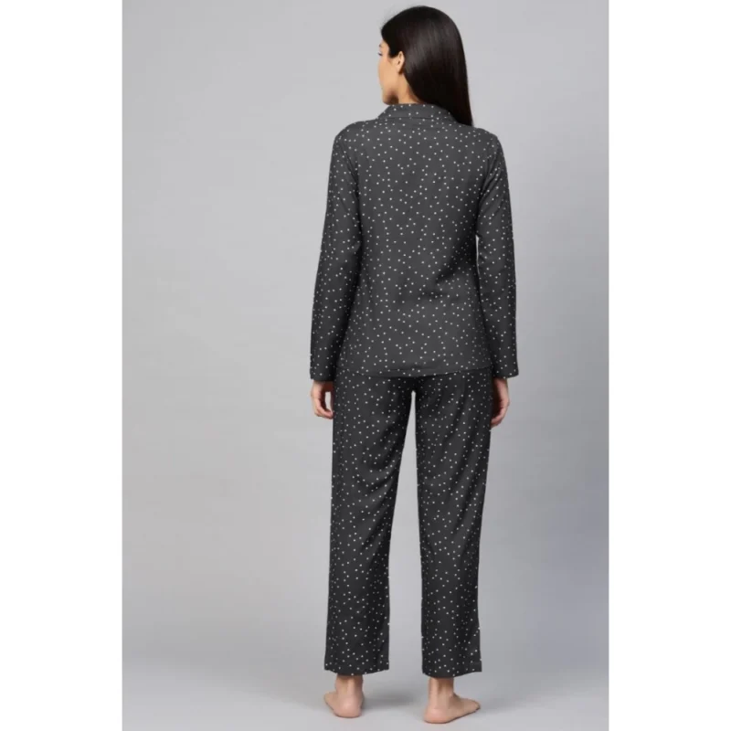 Alternative view of Women's Casual Full Sleeves Polka Dot Printed Rayon Shirt With Pyjama Pant Night Suit Set (Grey)