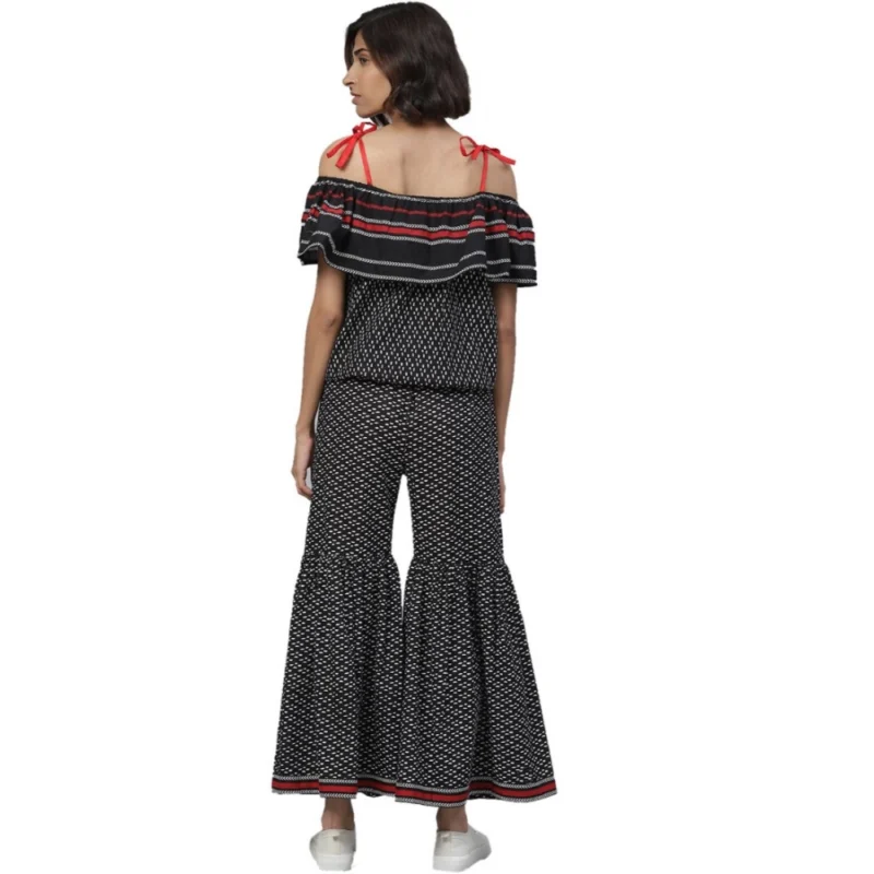 Women's Casual shoulder sleeve Geomatrical Printed Cotton Dress (Black) - Image 4