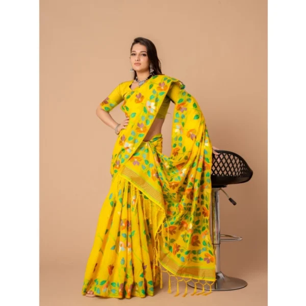 ?Women's Cotton Printed Saree With Unstitched Blouse (Yellow, 5-6 Mtrs) - Image 4