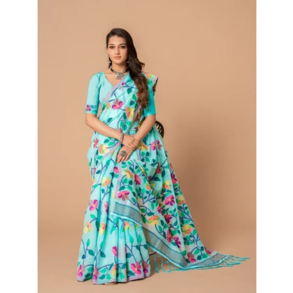 ?Women's Cotton Printed Saree With Unstitched Blouse (Sky Blue, 5-6 Mtrs) - Image 2