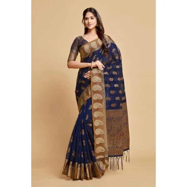 ?Women's Chanderi Cotton Printed Saree With Unstitched Blouse (Navy Blue, 5-6 Mtrs) - Image 2