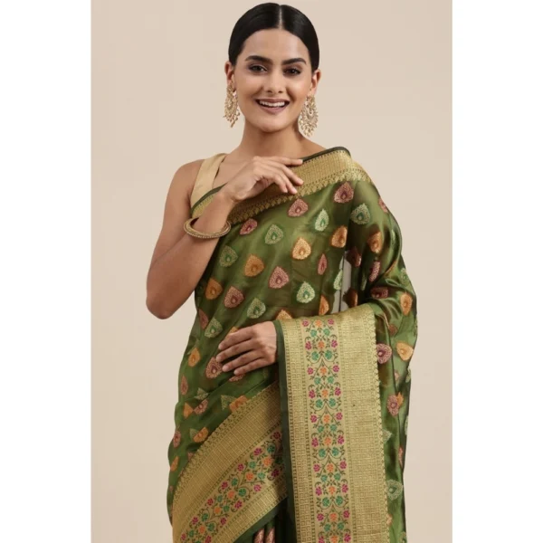 ?Women's Organza Printed Saree With Unstitched Blouse (Mahendi, 5-6 Mtrs) - Image 2