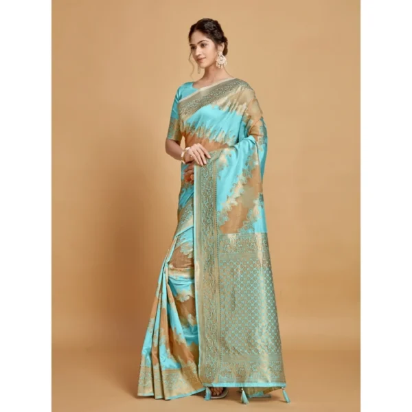 ?Women's Linen Printed Saree With Unstitched Blouse (Sky Blue, 5-6 Mtrs) - Image 5