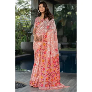 ?Women's Cotton Printed Saree With Unstitched Blouse (Peach, 5-6 Mtrs)