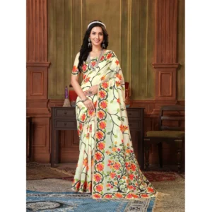 ?Women's Organza Printed Saree With Unstitched Blouse (White, 5-6 Mtrs)