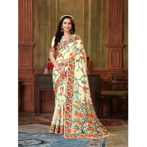 ?Women's Organza Printed Saree With Unstitched Blouse (White, 5-6 Mtrs)