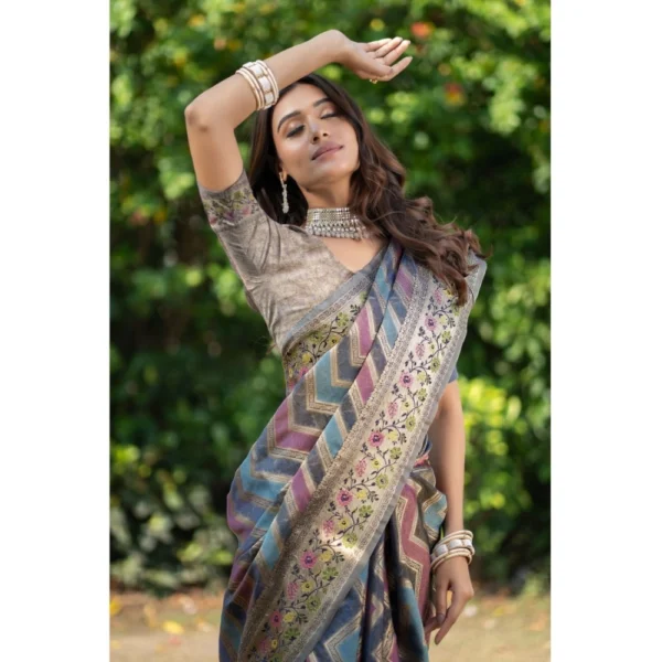 ?Women's Organza Printed Saree With Unstitched Blouse (Teal, 5-6 Mtrs) - Image 3