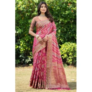 ?Women's Organza Printed Saree With Unstitched Blouse (Pink, 5-6 Mtrs)