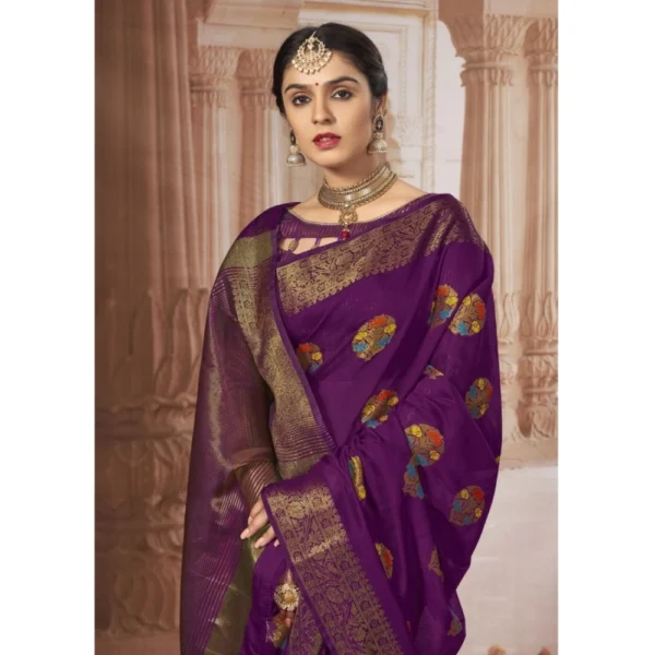?Women's Chanderi Cotton Printed Saree With Unstitched Blouse (Purple, 5-6 Mtrs) - Image 2