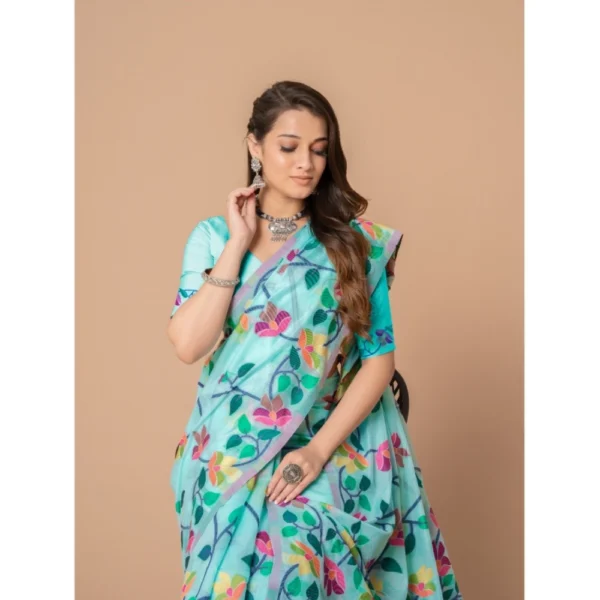 ?Women's Cotton Printed Saree With Unstitched Blouse (Sky Blue, 5-6 Mtrs) - Image 5