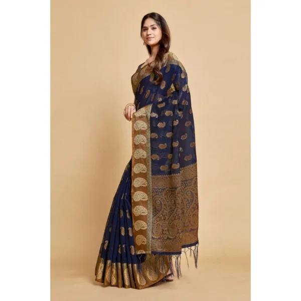 ?Women's Chanderi Cotton Printed Saree With Unstitched Blouse (Navy Blue, 5-6 Mtrs) - Image 3