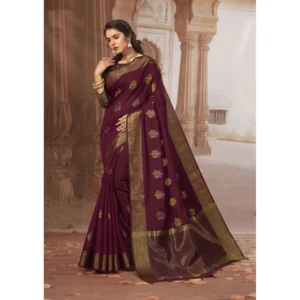 ?Women's Chanderi Cotton Printed Saree With Unstitched Blouse (Maroon, 5-6 Mtrs)