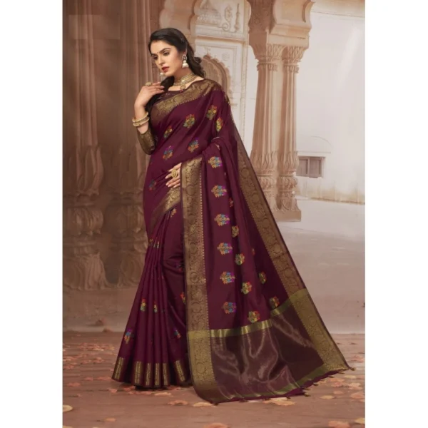 ?Women's Chanderi Cotton Printed Saree With Unstitched Blouse (Maroon, 5-6 Mtrs)