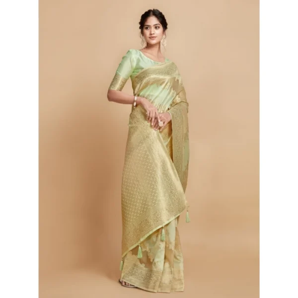 ?Women's Linen Printed Saree With Unstitched Blouse (Pista, 5-6 Mtrs) - Image 4