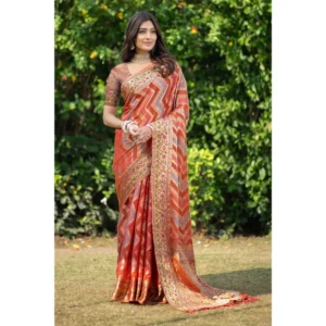 ?Women's Organza Printed Saree With Unstitched Blouse (Orange, 5-6 Mtrs)